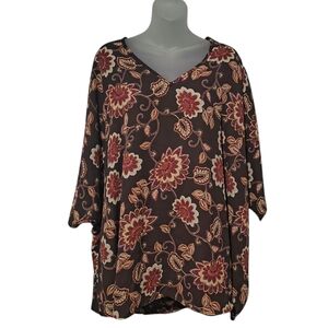 Adrienne Oversized Large Floral V-Neck Tunic Brown Red Doleman Shirt Sleeve Boho